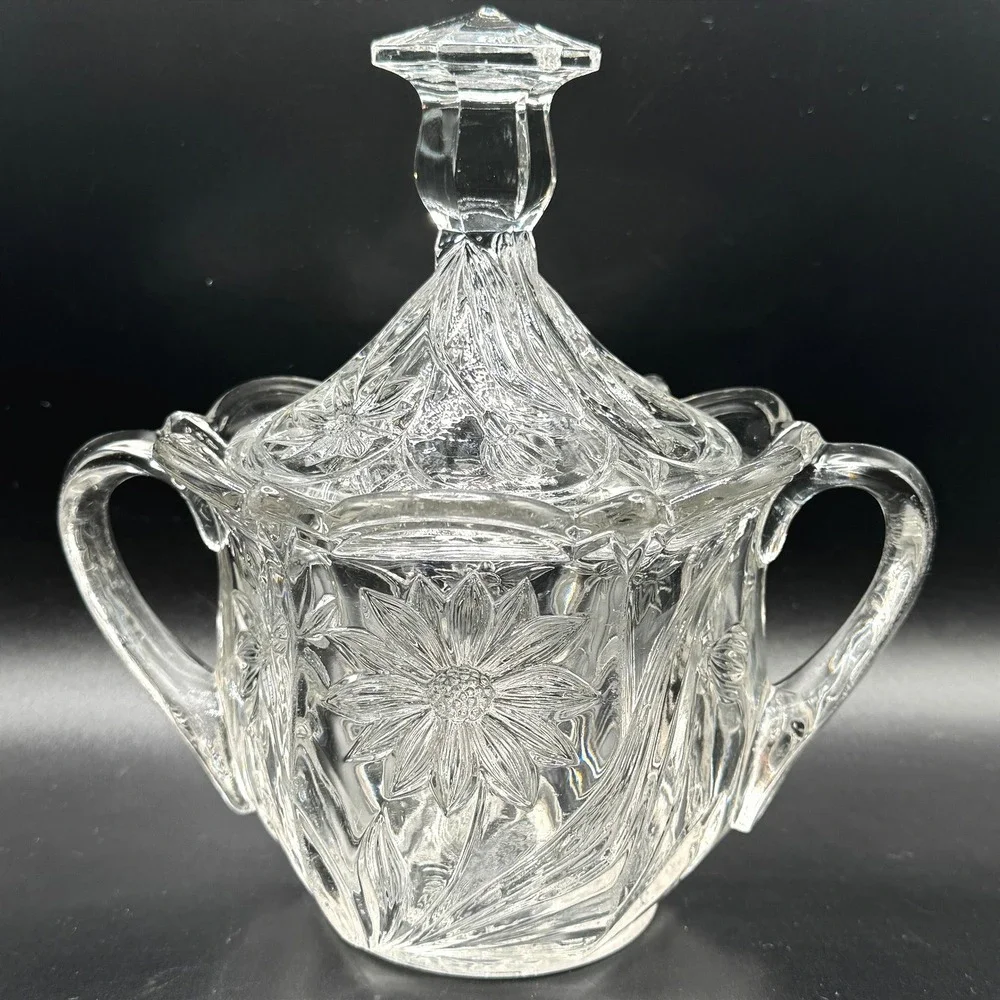 Vtg. Pressed Glass Sunflower Large Lidded Sugar Bowl Clear‎ Floral Double Handle